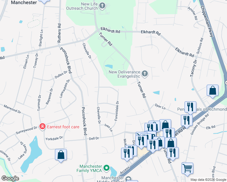 map of restaurants, bars, coffee shops, grocery stores, and more near 7407 Cheltenham Drive in Richmond