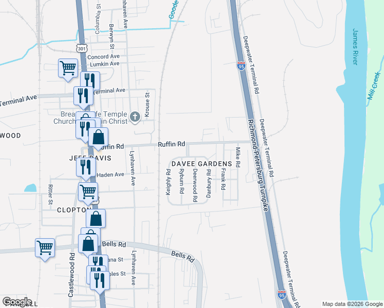 map of restaurants, bars, coffee shops, grocery stores, and more near 3304 Davee Road in Richmond
