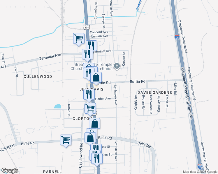 map of restaurants, bars, coffee shops, grocery stores, and more near 2410 Ruffin Road in Richmond