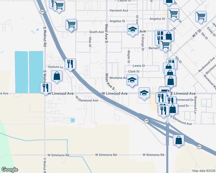 map of restaurants, bars, coffee shops, grocery stores, and more near 1475 West Avenue South in Turlock