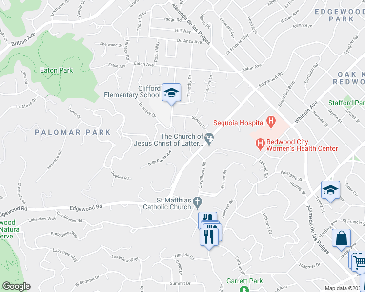 map of restaurants, bars, coffee shops, grocery stores, and more near 1509 Acorn Place in Redwood City