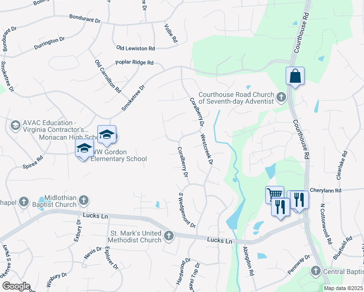 map of restaurants, bars, coffee shops, grocery stores, and more near 843 Coralberry Drive in Richmond
