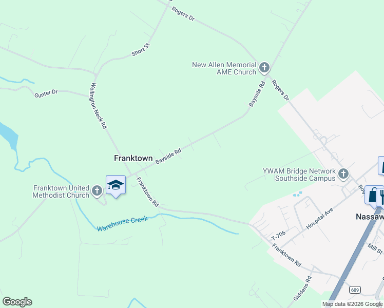 map of restaurants, bars, coffee shops, grocery stores, and more near 7303 Bayside Road in Franktown