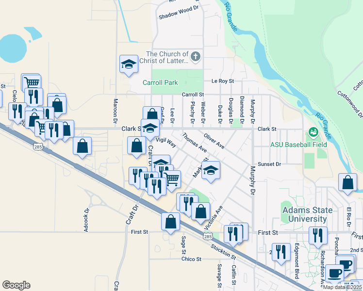 map of restaurants, bars, coffee shops, grocery stores, and more near 221 Shone Street in Alamosa