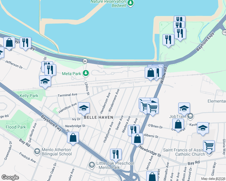 map of restaurants, bars, coffee shops, grocery stores, and more near 700 Hamilton Avenue in Menlo Park