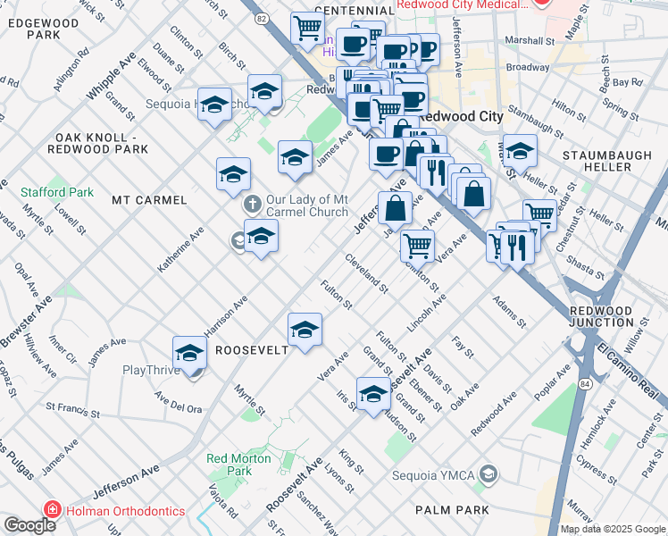map of restaurants, bars, coffee shops, grocery stores, and more near 508 Jackson Avenue in Redwood City