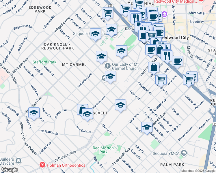 map of restaurants, bars, coffee shops, grocery stores, and more near 455 Hudson Street in Redwood City