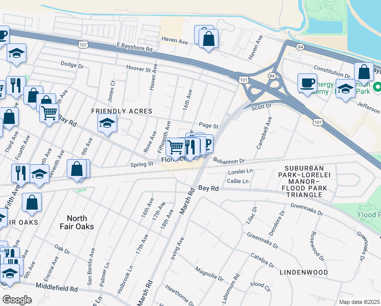 map of restaurants, bars, coffee shops, grocery stores, and more near 3719 Florence Street in Redwood City
