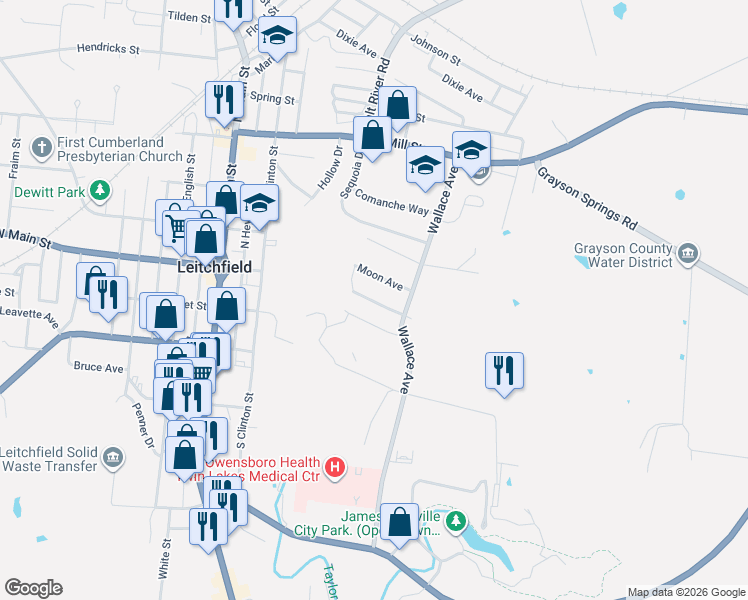 map of restaurants, bars, coffee shops, grocery stores, and more near 101-199 Thomason Avenue in Leitchfield