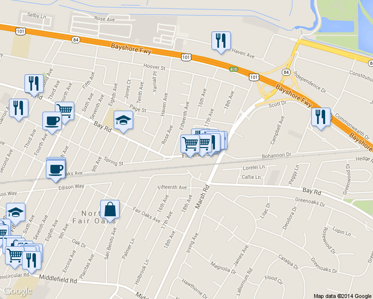 map of restaurants, bars, coffee shops, grocery stores, and more near Saint Marys Place in Redwood City