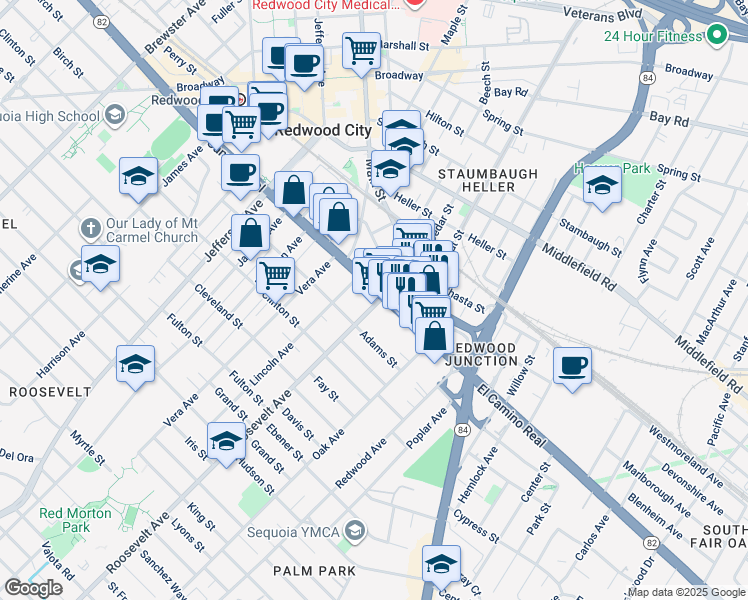 map of restaurants, bars, coffee shops, grocery stores, and more near 1680 El Camino Real in Redwood City