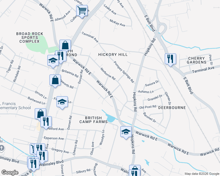 map of restaurants, bars, coffee shops, grocery stores, and more near 4200 Warwick Road in Richmond