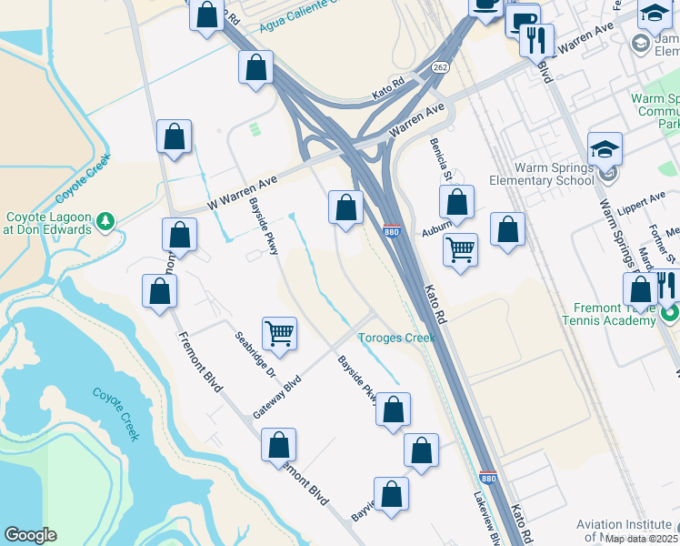 map of restaurants, bars, coffee shops, grocery stores, and more near 47000 Lakeview Boulevard in Fremont