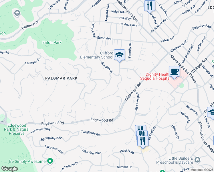 map of restaurants, bars, coffee shops, grocery stores, and more near 395 Palomar Drive in Redwood City