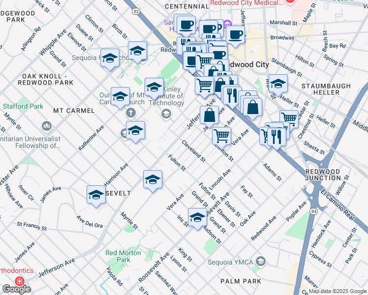 map of restaurants, bars, coffee shops, grocery stores, and more near 508 Jackson Avenue in Redwood City
