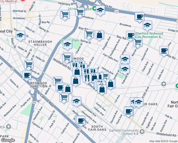 map of restaurants, bars, coffee shops, grocery stores, and more near 519 Douglas Avenue in Redwood City