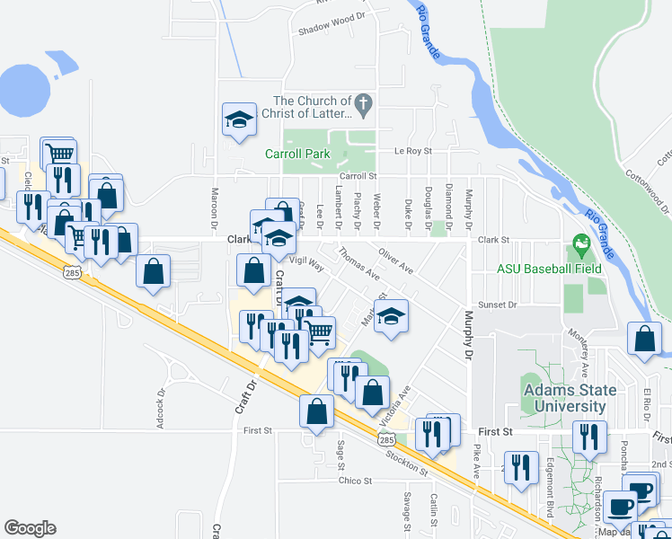 map of restaurants, bars, coffee shops, grocery stores, and more near 221 Shone Street in Alamosa