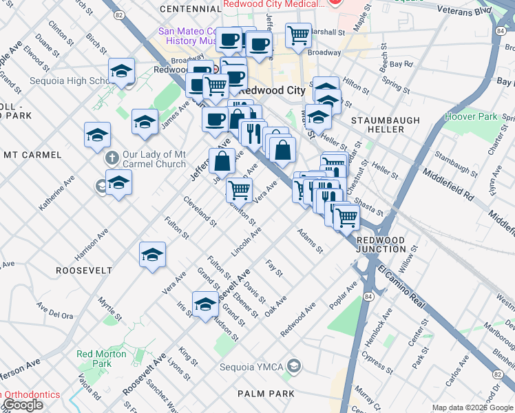 map of restaurants, bars, coffee shops, grocery stores, and more near 233 Vera Avenue in Redwood City