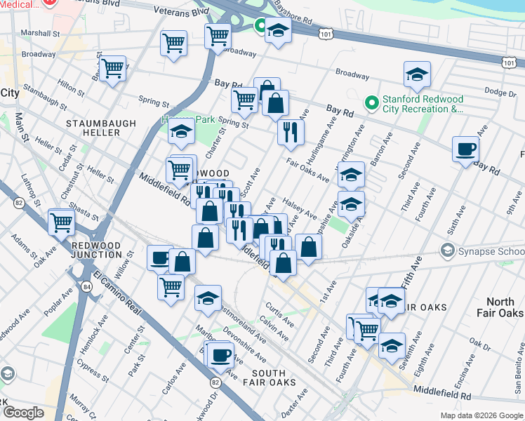 map of restaurants, bars, coffee shops, grocery stores, and more near 541 Macarthur Avenue in Redwood City