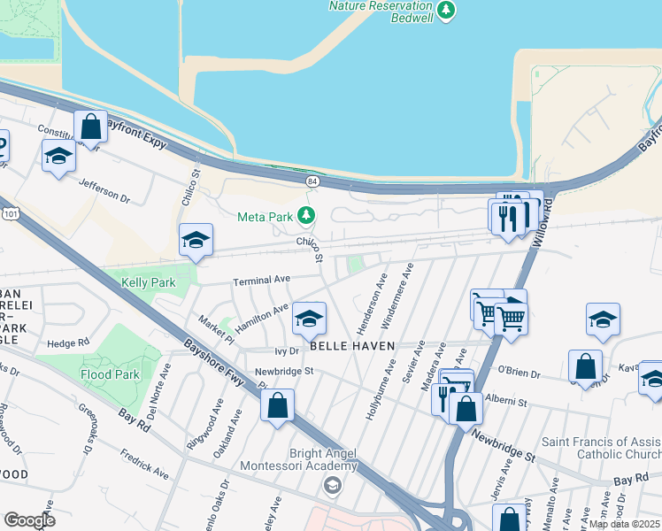 map of restaurants, bars, coffee shops, grocery stores, and more near 1421 Rosemary Street in Menlo Park
