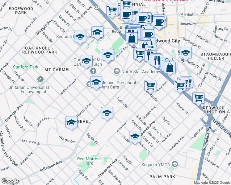 map of restaurants, bars, coffee shops, grocery stores, and more near 1558 Jefferson Avenue in Redwood City