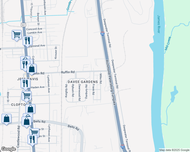 map of restaurants, bars, coffee shops, grocery stores, and more near 3304 Frank Road in Richmond
