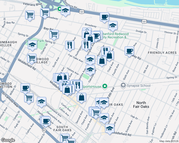 map of restaurants, bars, coffee shops, grocery stores, and more near 2950 Fair Oaks Avenue in Redwood City