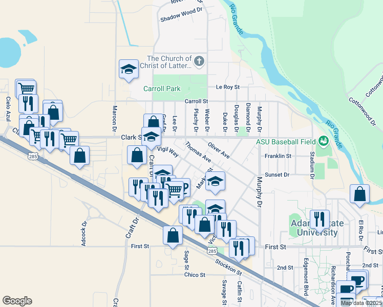 map of restaurants, bars, coffee shops, grocery stores, and more near 221 Shone Street in Alamosa