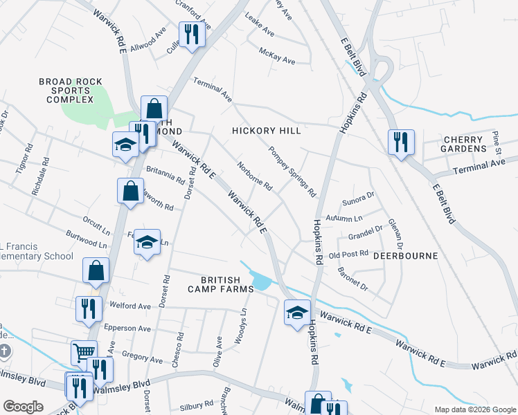 map of restaurants, bars, coffee shops, grocery stores, and more near 4200 Warwick Road in Richmond