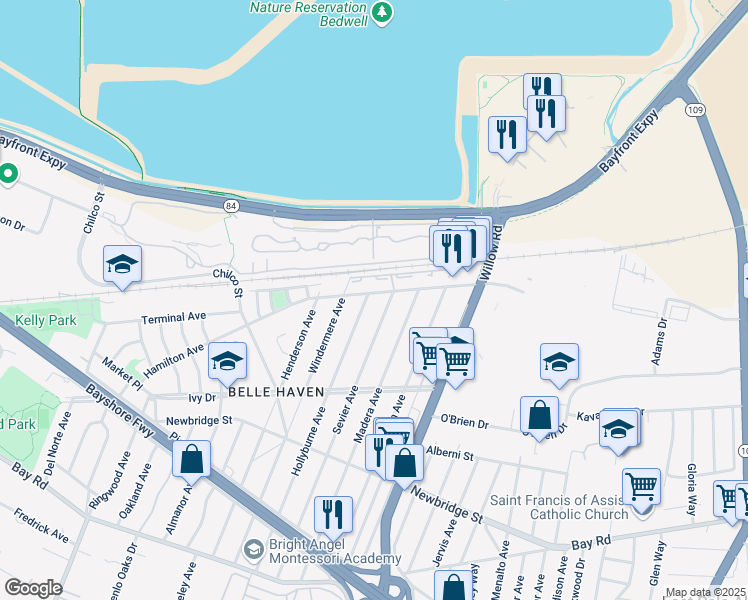 map of restaurants, bars, coffee shops, grocery stores, and more near 754 Hamilton Ave in Menlo Park