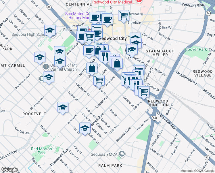 map of restaurants, bars, coffee shops, grocery stores, and more near 233 Vera Avenue in Redwood City