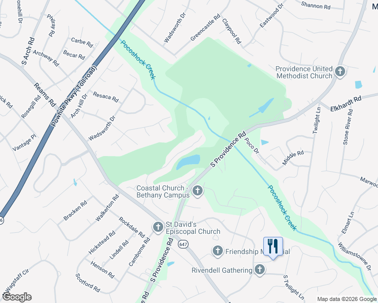 map of restaurants, bars, coffee shops, grocery stores, and more near 1225 Providence Knoll Drive in Richmond