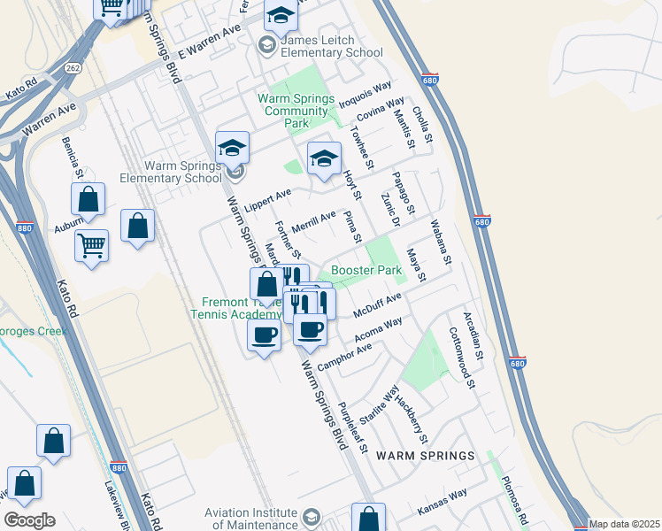 map of restaurants, bars, coffee shops, grocery stores, and more near 220 Gable Drive in Fremont