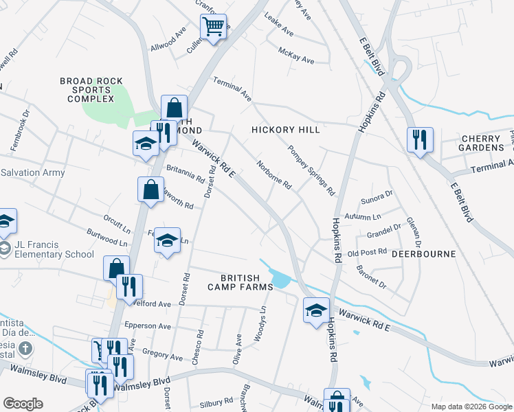 map of restaurants, bars, coffee shops, grocery stores, and more near 4231 Warwick Road in Richmond