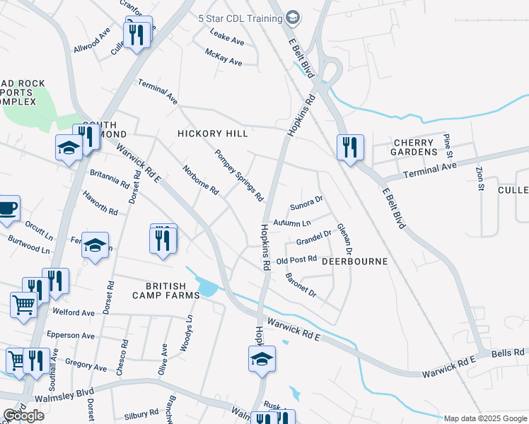 map of restaurants, bars, coffee shops, grocery stores, and more near 2800 Hopkins Road in Richmond