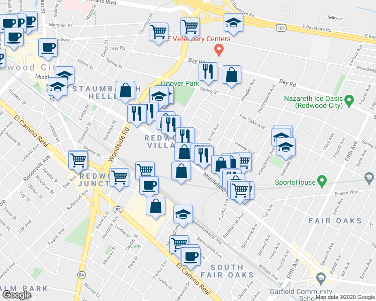 map of restaurants, bars, coffee shops, grocery stores, and more near 470 Flynn Avenue in Redwood City