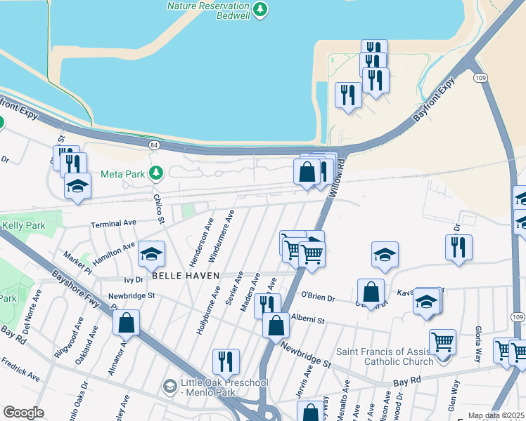 map of restaurants, bars, coffee shops, grocery stores, and more near 762 Hamilton Avenue in Menlo Park
