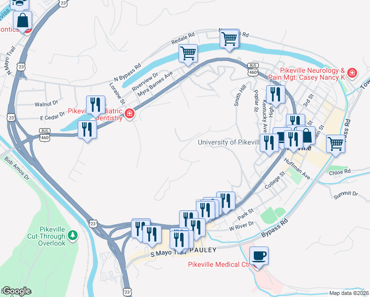 map of restaurants, bars, coffee shops, grocery stores, and more near 201-399 Peach Orchard Drive in Pikeville