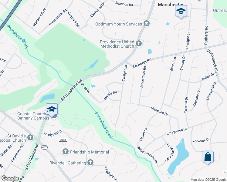 map of restaurants, bars, coffee shops, grocery stores, and more near 1306 Middle Circle in Richmond