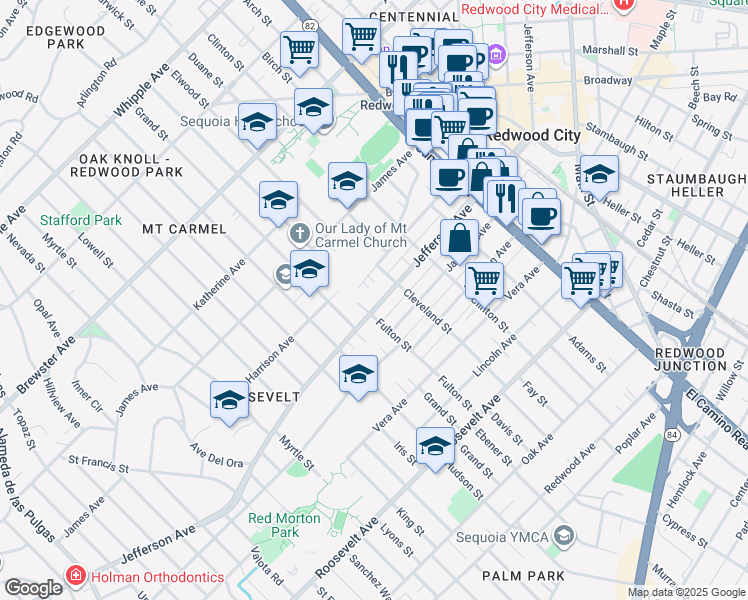 map of restaurants, bars, coffee shops, grocery stores, and more near 1552 Jefferson Avenue in Redwood City