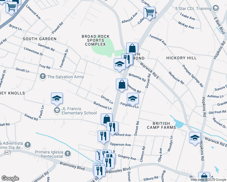 map of restaurants, bars, coffee shops, grocery stores, and more near 2824 Broad Rock Boulevard in Richmond
