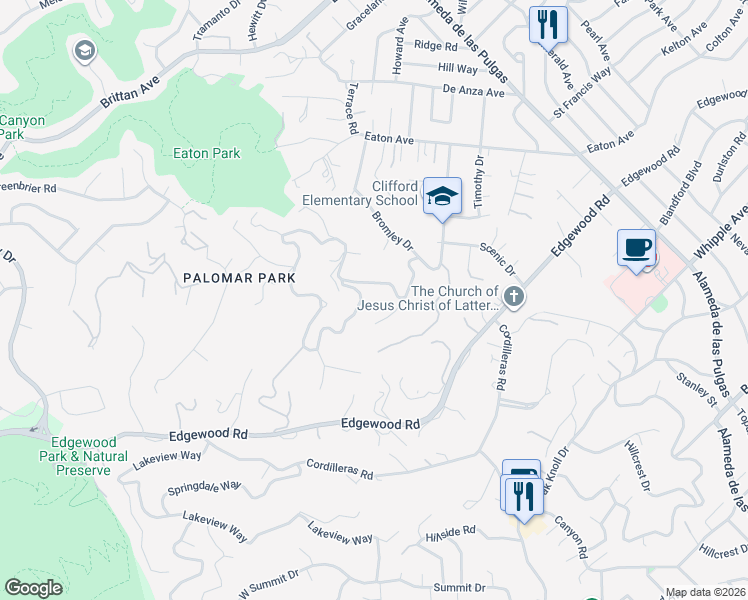 map of restaurants, bars, coffee shops, grocery stores, and more near 2 South Palomar Drive in Redwood City