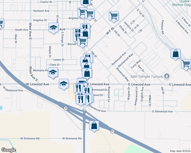 map of restaurants, bars, coffee shops, grocery stores, and more near 1000 Larchwood Court in Turlock