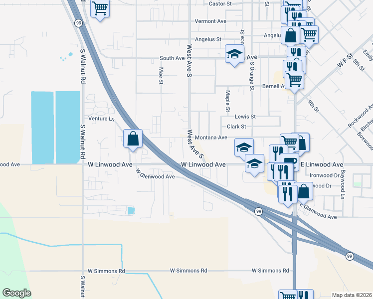 map of restaurants, bars, coffee shops, grocery stores, and more near 1475 West Avenue South in Turlock