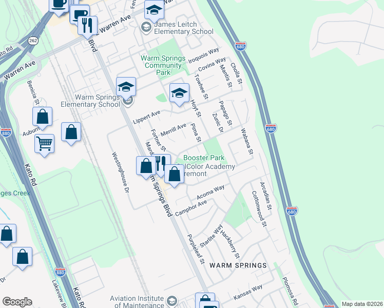 map of restaurants, bars, coffee shops, grocery stores, and more near 220 Gable Drive in Fremont
