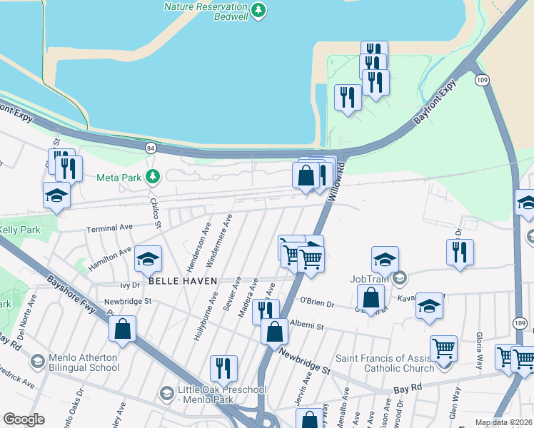 map of restaurants, bars, coffee shops, grocery stores, and more near 1379 Madera Avenue in Menlo Park