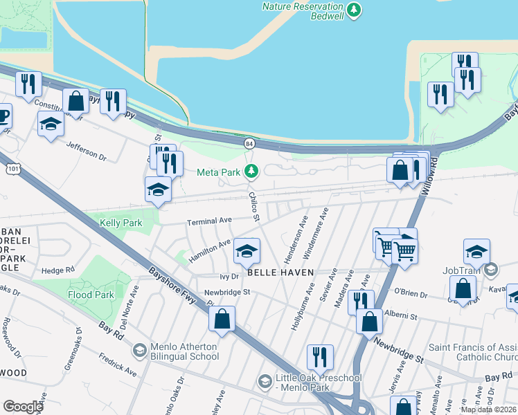 map of restaurants, bars, coffee shops, grocery stores, and more near 1437 Chilco Street in Menlo Park