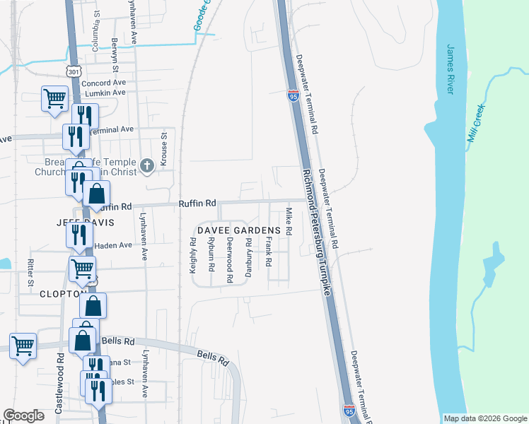 map of restaurants, bars, coffee shops, grocery stores, and more near 3304 Frank Road in Richmond