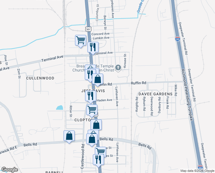 map of restaurants, bars, coffee shops, grocery stores, and more near 2410 Ruffin Road in Richmond