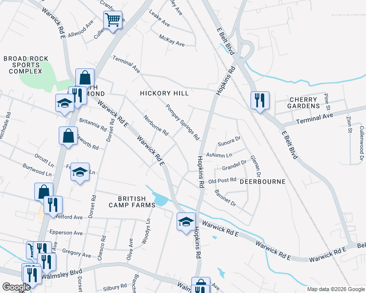 map of restaurants, bars, coffee shops, grocery stores, and more near 4043 Norborne Road in Richmond